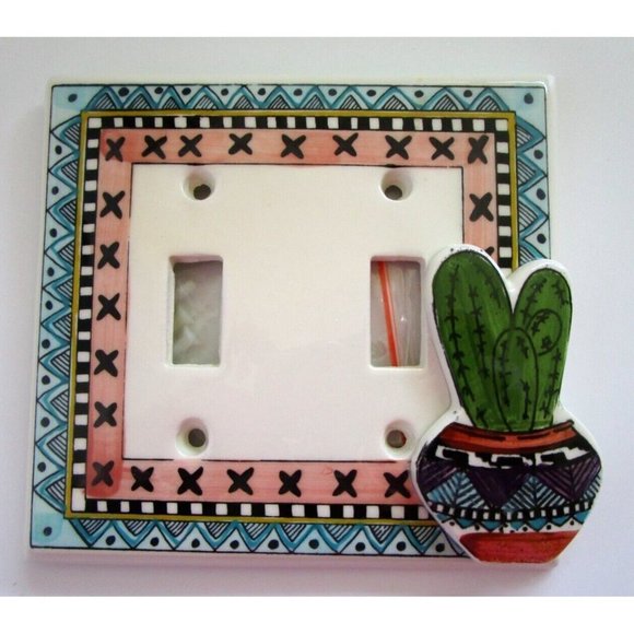 All Fired Up Handpainted Ceramic Double Electrical Outlet Switch Plate - Cactus - Picture 1 of 13